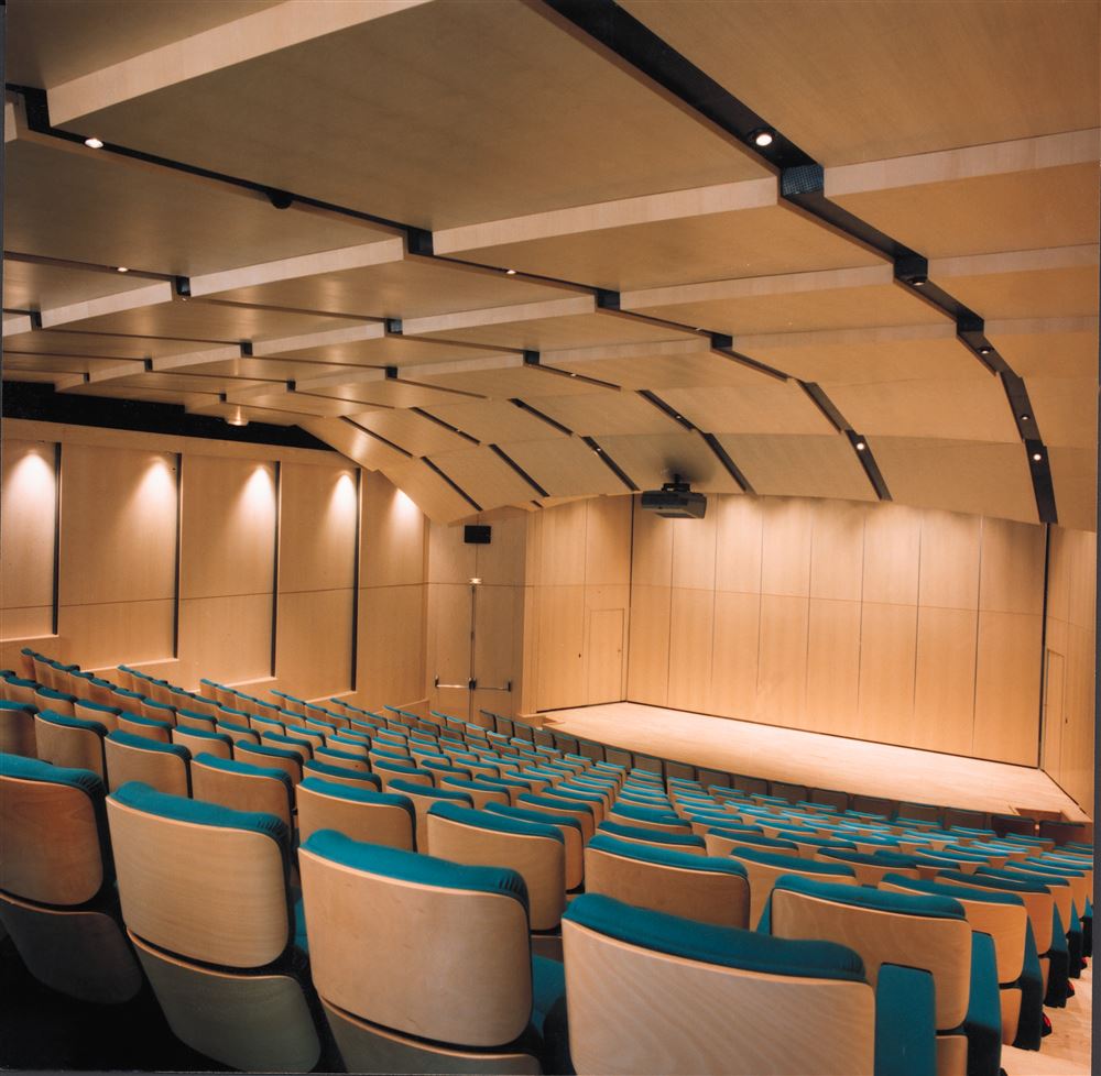 Fauteuils, murs, plafonds, estrade : le matériau des auditorium ) Photo : Allin